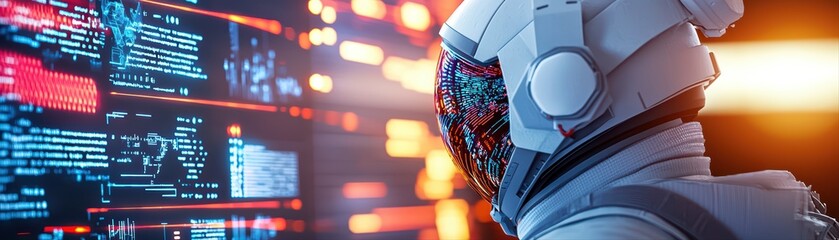 Poster - Futuristic Astronaut Observing Digital Display Interface