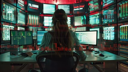 Poster - A skilled professional works with advanced technology in a modern control room, focusing on business analytics and AI solutions, surrounded by screens displaying realtime data insights