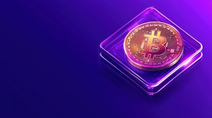 Poster - Bitcoin Coin on Glass Surface with Purple Background