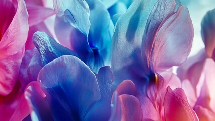 Wall Mural - Colorful close-up of delicate petals in soft focus showcasing vibrant blue and pink hues during natural light