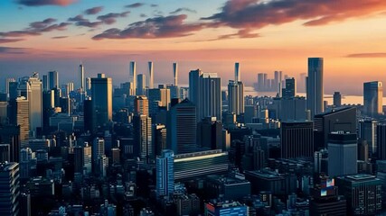 Poster - A stunning skyline lit by sunset hues, highlighting the interplay of business, technology, and innovation in a vibrant urban setting, showcasing architectural creativity and economic growth