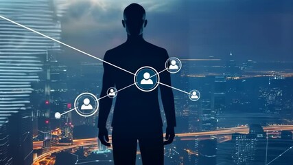 Poster - A dedicated professional gazes thoughtfully at a sprawling digital landscape, symbolizing the intersection of technology and innovation in modern business through intricate global data connections