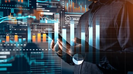 Poster - A skilled business professional specializing in digital analytics, using a smartphone to explore dynamic data visualizations that highlight key trends and metrics in technology and finance
