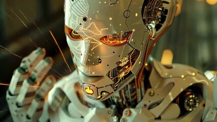 Poster - This closeup image shows a sophisticated robot with intricate circuitry and glowing components, highlighting advancements in AI technology and excellent engineering in a hightech environment