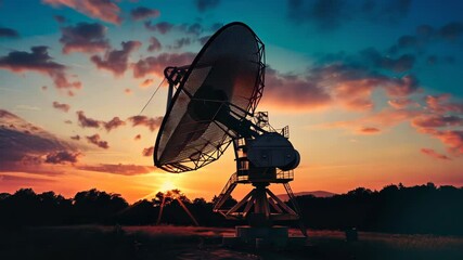 Aufkleber - This stunning image showcases a satellite dish against a vibrant sunset, illustrating the blend of technology and natural beauty in modern communication networks and their harmonious coexistence