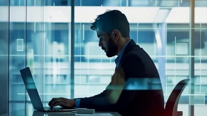 Poster - A dedicated professional works on a sleek laptop in a modern glasswalled office, demonstrating how advanced technology integrates into business, enhancing productivity and connectivity