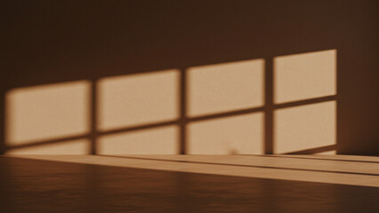 Poster - A table devoid of items against a striking brown wall. The expansive view captures an abstract reflection of sunlight dancing on the wall