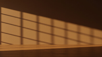Poster - Empty table on bright brown wall background. Panoramic composition with abstract sunlight reflection on the wall