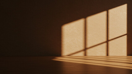 Poster - An unoccupied table positioned in front of a warm brown wall. This wide-angle composition showcases an abstract play of sunlight reflections on the surface