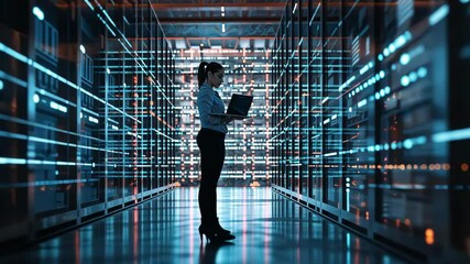 Poster - A professional woman stands in a high-tech data center, holding a laptop, analyzing digital data amidst glowing server racks, epitomizing the convergence of technology and business.