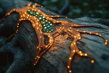 Poster - Glowing circuit board rests on rock, nature meets technology, organic. Use this modern tech shot for innovation, science, or digital concepts.