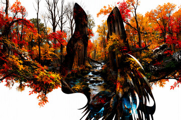Poster - Vibrant autumn forest with colorful foliage.  A stream flows through the woods creating a peaceful, scenic landscape in nature.