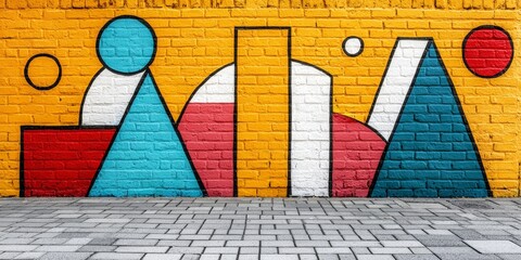 Poster - Geometric Street Art Mural: A vibrant and eye-catching geometric mural adorns a weathered brick wall, showcasing bold colors and abstract shapes against the backdrop of a sunny cityscape.
