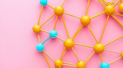 Poster - Interconnected Network: A close-up shot reveals an intricate network of connected spheres, showcasing a complex web of communication and information transfer on a vibrant backdrop. 