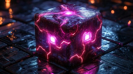Wall Mural - glowing cube with neon patterns on wet surface