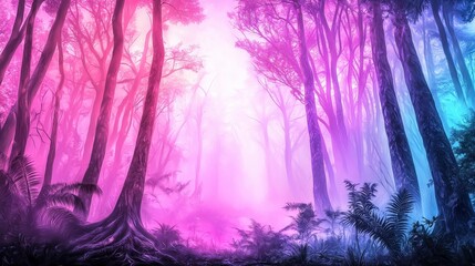 Poster - Enchanted Forest: A mystical forest bathed in hues of pink and blue, where trees reach towards a bright, inviting light, evokes feelings of wonder. 