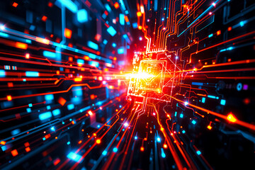 Fototapete - Bright orange and blue lights streak across a detailed circuit board, symbolizing digital connections and advanced technology.