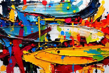 Aufkleber - Abstract painting featuring dynamic brushstrokes and a vivid palette of blue, yellow, red, green, and black hues against a white backdrop.