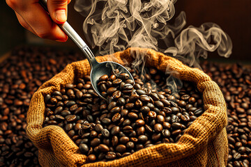Poster - Fragrant roasted coffee beans are steaming as they are scooped from a rustic burlap sack. The aroma is rich and inviting, promising a delicious brew.