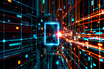 Aufkleber - An abstract tech backdrop features vibrant blue and orange glowing lines converging towards a central illuminated square. Digital and futuristic design.
