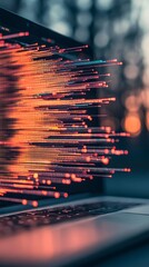 Poster - A vibrant display of digital data streams radiates from a laptop, creating an engaging visual effect against a tranquil sunset backdrop