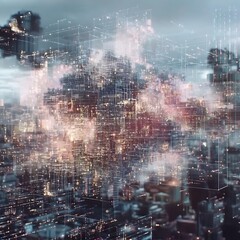 Poster - A futuristic cityscape with luminous lines and building structures in view