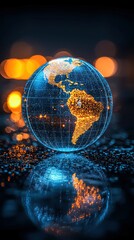 Wall Mural - illuminated globe reflecting lights on wet surface