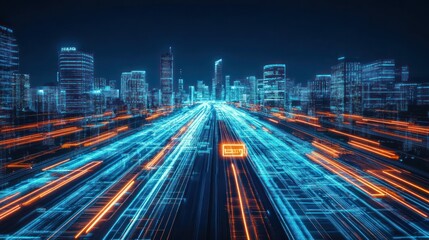Poster - Futuristic cityscape with glowing traffic at night