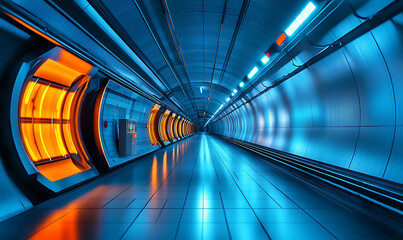 Poster - A high tech underground research facility with a futuristic tunnel corridor featuring glowing lights minimalist geometric architecture and a bold color contrast of blue and orange