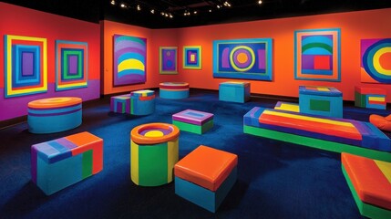 Fototapete - Art Installation Displaying Geometric Patterns in a Gallery featuring Vibrant Colors and Shapes