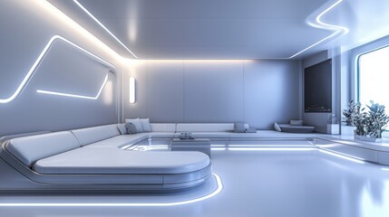 Aufkleber - Minimalistic futuristic lounge with neon lights sleek white surfaces clean lines and modern interior design creating a serene atmosphere