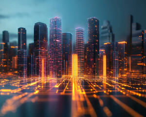 Poster - Futuristic AI Driven Architectural Model Floating as a Holographic Cityscape with Illuminated Skyscrapers Digital Grid and Futuristic Urban Landscape , 