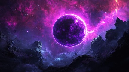 Poster - Vibrant cosmic scene featuring a purple planet amidst nebula
