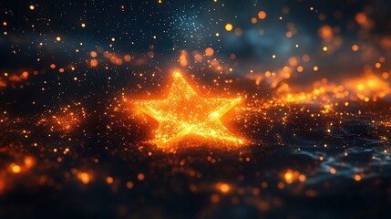 Poster - Sparkling star emerges from glowing particles in dark cosmic space