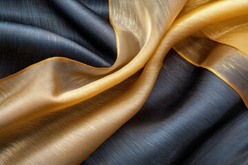 Poster - Elegant Drape of Shimmering Fabric in Gold and Dark Gray Tone Silk Material Close Up View Ideal for Fashion