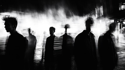 Poster - Silhouetted figures in motion against a blurred urban backdrop at night