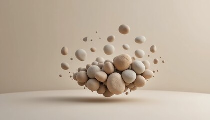Poster - Floating abstract pebbles in a minimalist studio space artistic composition calm environment aerial perspective contemporary design concept