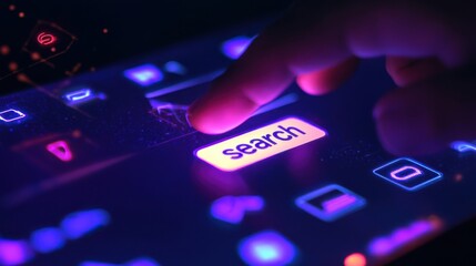 Poster - Touching a glowing search button on a digital interface at night with vibrant colors illuminating the screen