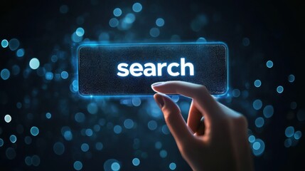 Fototapete - Interactive hand pressing a glowing search button in a digital environment filled with blue sparkles