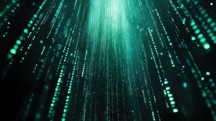 Poster - Light beams create a digital atmosphere of green particles in a dark space at night