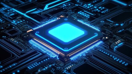 Poster - Detailed close-up of a modern microchip with blue lights illuminating intricate circuit patterns
