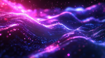 Poster - Vibrant waves of color undulating through a digital landscape filled with sparkling lights at night