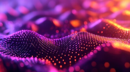 Fototapete - Vibrant abstract digital landscape with flowing waves and glowing particles at twilight
