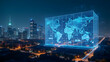 © Abdullah - A futuristic cityscape with a holographic world map projection and glowing blue technology features transparent glass cubes and illuminated skyscrapers, creating a sci-fi, cyberpunk atmosphere.