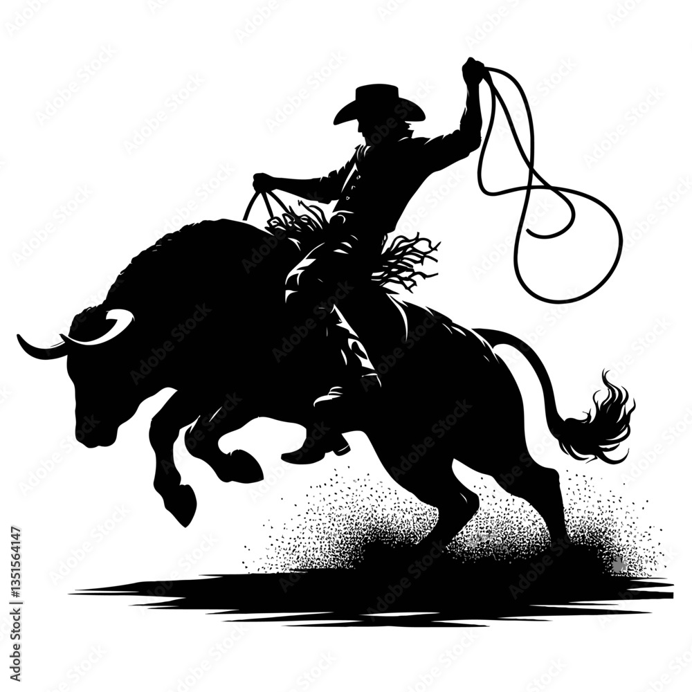 Rodeo cowboy bull riding silhouette black color isolated white ...
