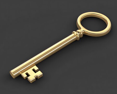 A single golden key lying diagonally on a dark background