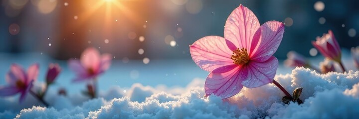 Wall Mural - Snowflakes dance around a winter flower in the fading light, calm, snowflakes, delicate