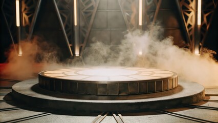 Aufkleber - An abstract, glowing stage with fog, industrial design, and bright lights. The scene evokes a sense of mystery and anticipation, with a spotlight that illuminates a central platform.