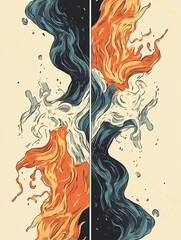 Wall Mural - abstract vertical illustration of intertwined fire and water elements with flowing motion and high c