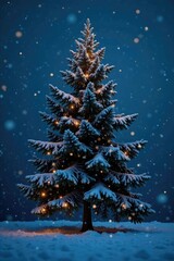 Wall Mural - Snowflakes gently fall on a towering evergreen tree in the silent night, winter, darkness, tree